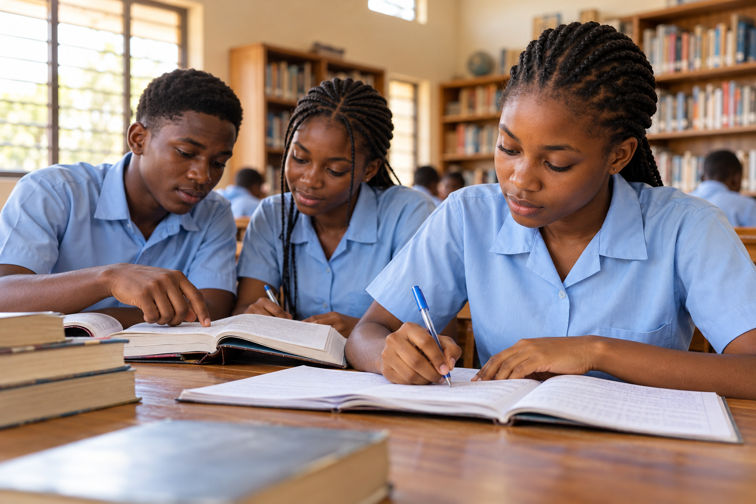 Illustrative scene of Nigerian secondary school students studying together with books and exercise notes